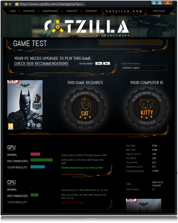 Catzilla ALLBenchmark - check game result